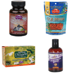 Chinese Medicine Herbs featuring: Shilajit (500 mg), 60 Capsules, Heaven Mountain Goji Berries, 8oz, Dragon Herbs, Spring Dragon Longevity Tea Box, Tachyonized Water, 4 fl. oz.