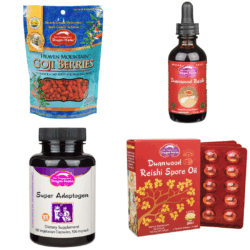 Medicinal Mushrooms featuring: Heaven Mountain Goji Berries, 8oz, Dragon Herbs, Duanwood Reishi Drops, 2 fl. oz., Dragon Herbs, Super Adaptogen, 100 Capsules, Dragon Herbs, Reishi Spore Oil, 30 soft gels
