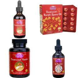Single Mushroom Supplement featuring: Duanwood Reishi Drops, 2 fl. oz., Dragon Herbs, Reishi Spore Oil, 30 soft gels, Duanwood Reishi (500 mg), 100 Capsules, 22 Reishis, 2 fl. oz., Dragon Herbs