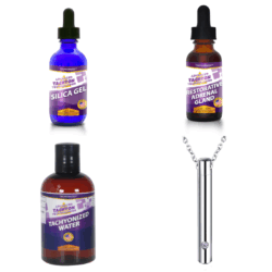 Tachyon Energy featuring: Tachyonized Silica Gel Supplement, 1 fl. oz., OS-25 Tachyonized Restorative Adrenal Gland Tonic, 1 fl. oz., Tachyonized Water, 4 fl. oz., Tachyonized Vertical Pendant Mini-V | Light Silver